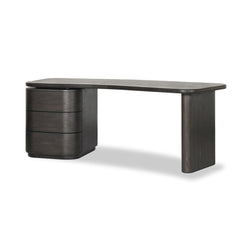 Hawthorne Desk in Smoked Black Sungkai Veneer three-quarter view showing boomerang top - Whats New Furniture Portland OR