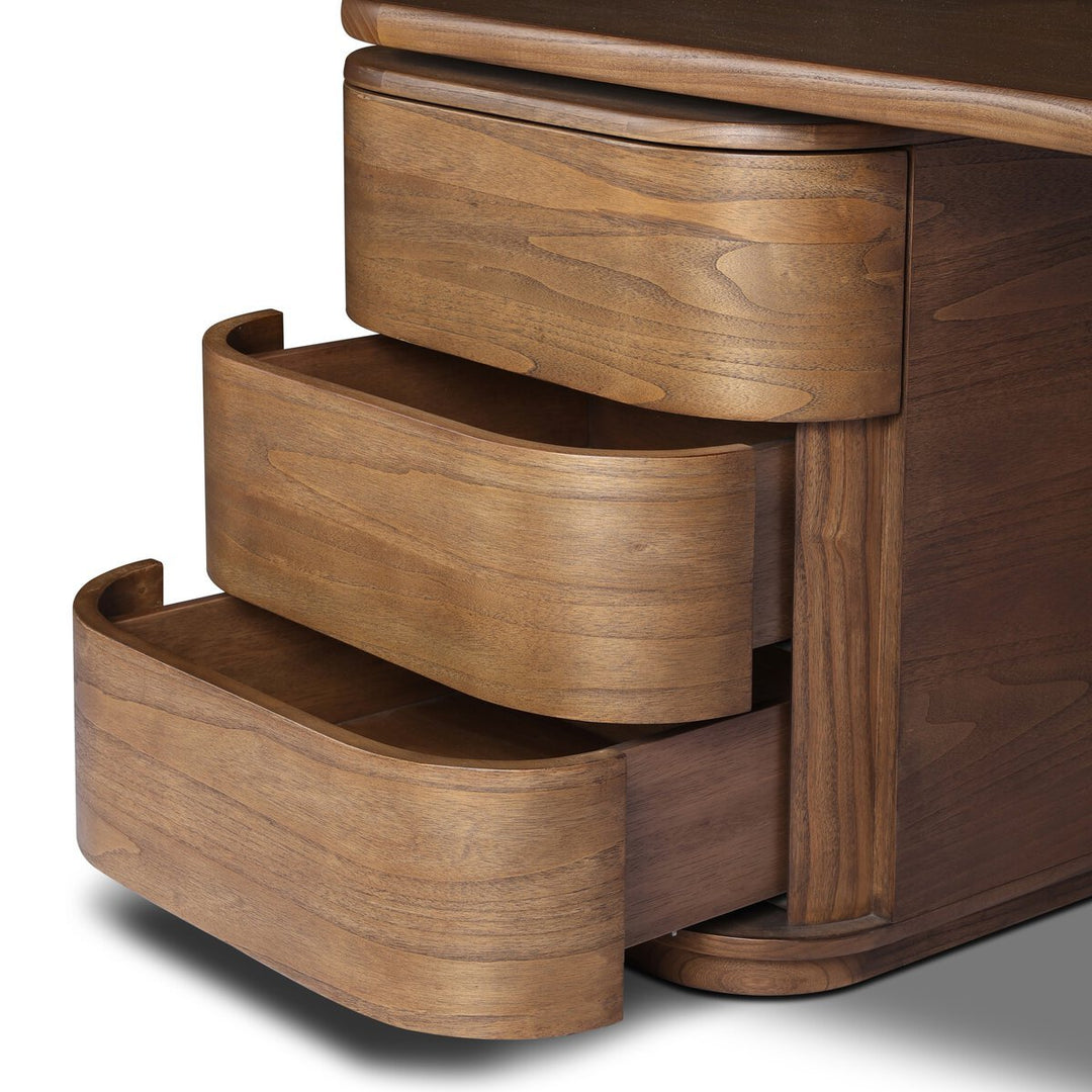 Hawthorne Desk in Amber Sungkai Veneer detail view of base - Whats New Furniture Portland OR