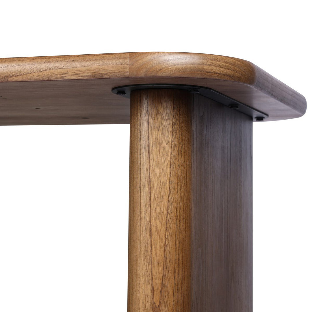 Hawthorne Desk in Amber Sungkai Veneer detail view of top edge - Whats New Furniture Portland OR