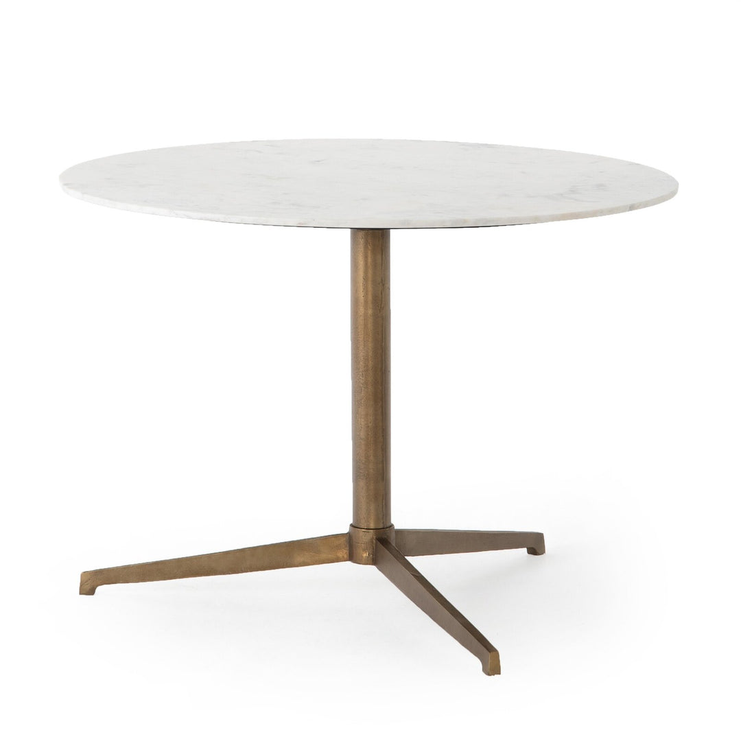 Helen Round Bistro Table in Polished White Marble three-quarter studio view with raw brass tripod base - Whats New Furniture Portland OR