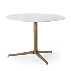 Helen Round Bistro Table in Polished White Marble three-quarter studio view with raw brass tripod base - Whats New Furniture Portland OR