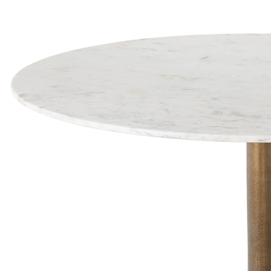 Helen Round Bistro Table polished white marble edge and stone thickness detail - Whats New Furniture Portland OR