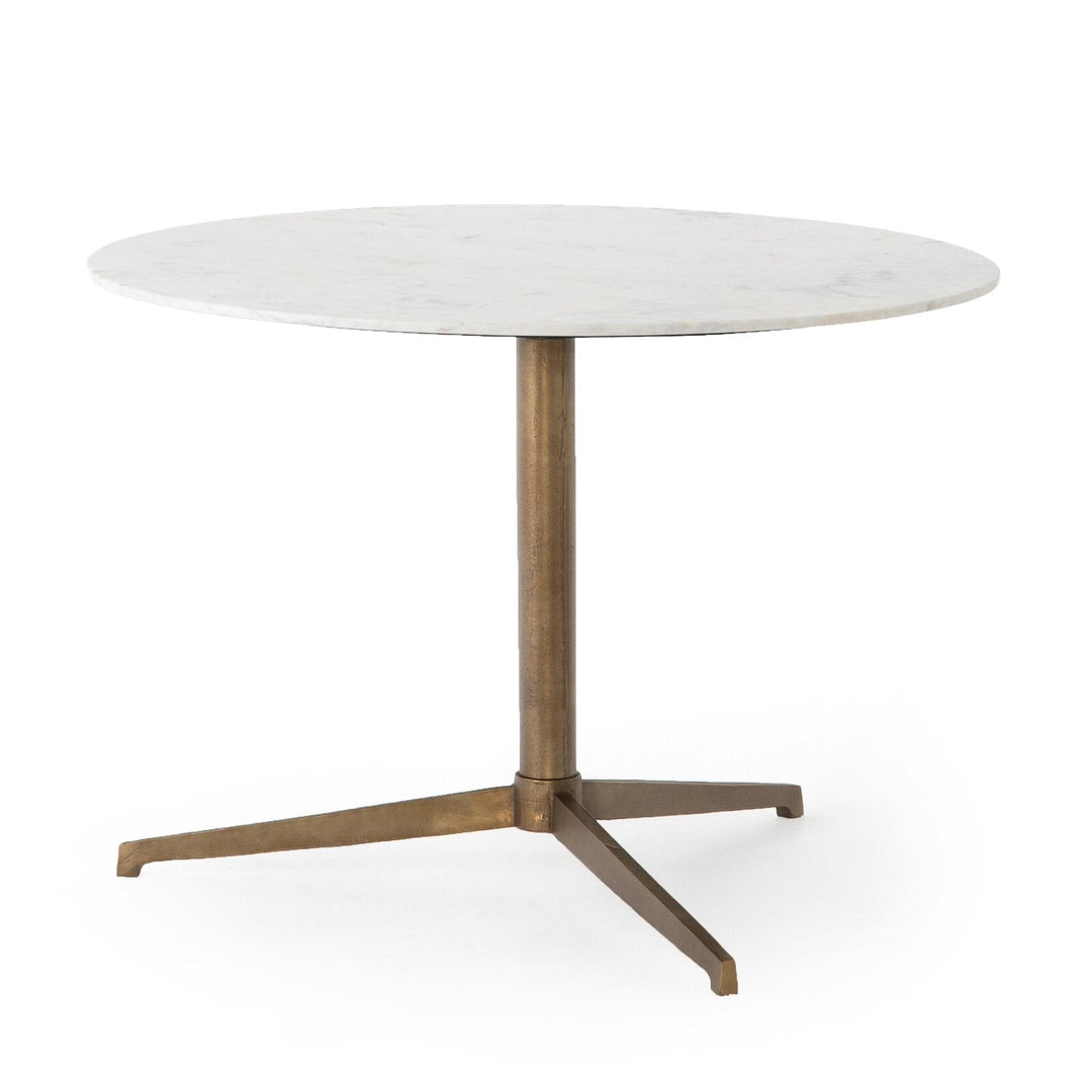 Helen Round Bistro Table in Polished White Marble three-quarter studio view with raw brass tripod base - Whats New Furniture Portland OR