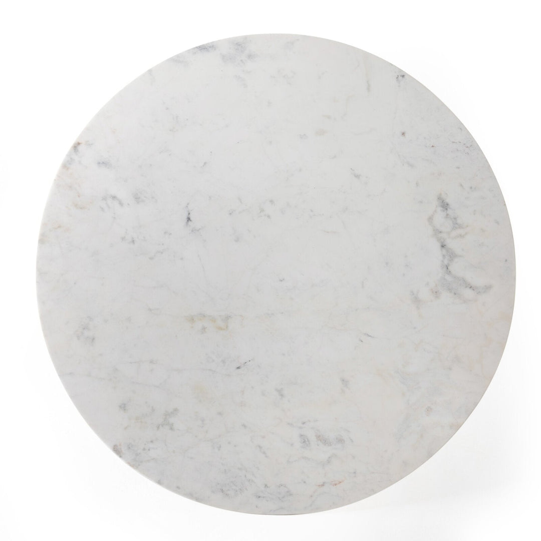 Helen Round Bistro Table 42 inch polished white marble top viewed from above showing natural veining - Whats New Furniture Portland OR