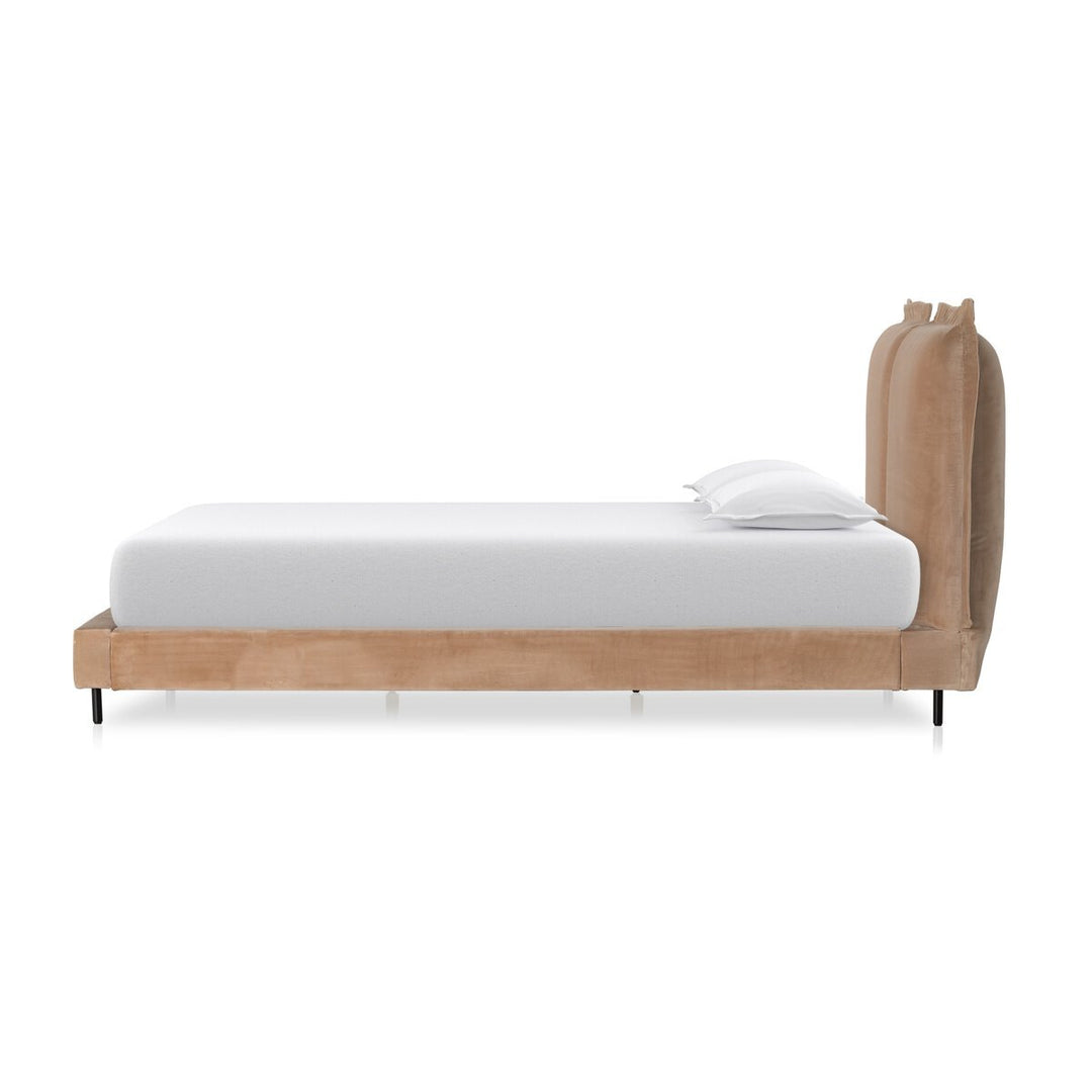 Inwood Queen Bed Frame in Surrey Taupe side view - queen upholstered bed by Four Hands - Whats New Furniture Portland OR