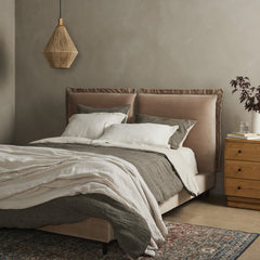 Inwood Queen Bed Frame in Surrey Taupe lifestyle setting - queen upholstered bed by Four Hands - Whats New Furniture Portland OR