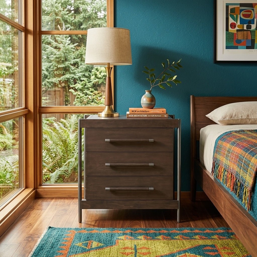 Jordan Nightstand styled in a bright Portland mid-century modern interior - Whats New Furniture
