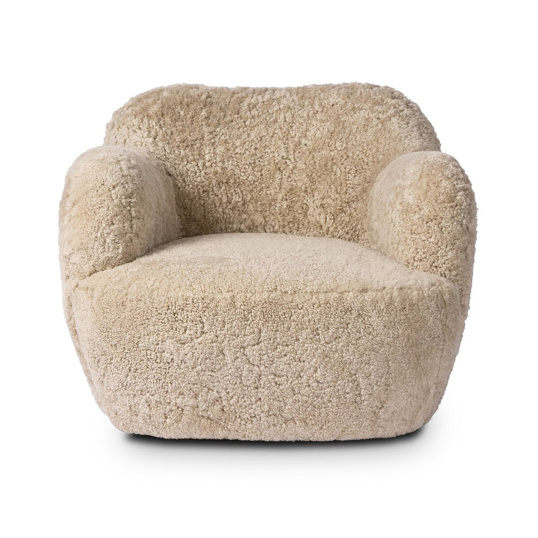 Julius Swivel Chair in Beige Shearling front studio view - Whats New Furniture Portland OR