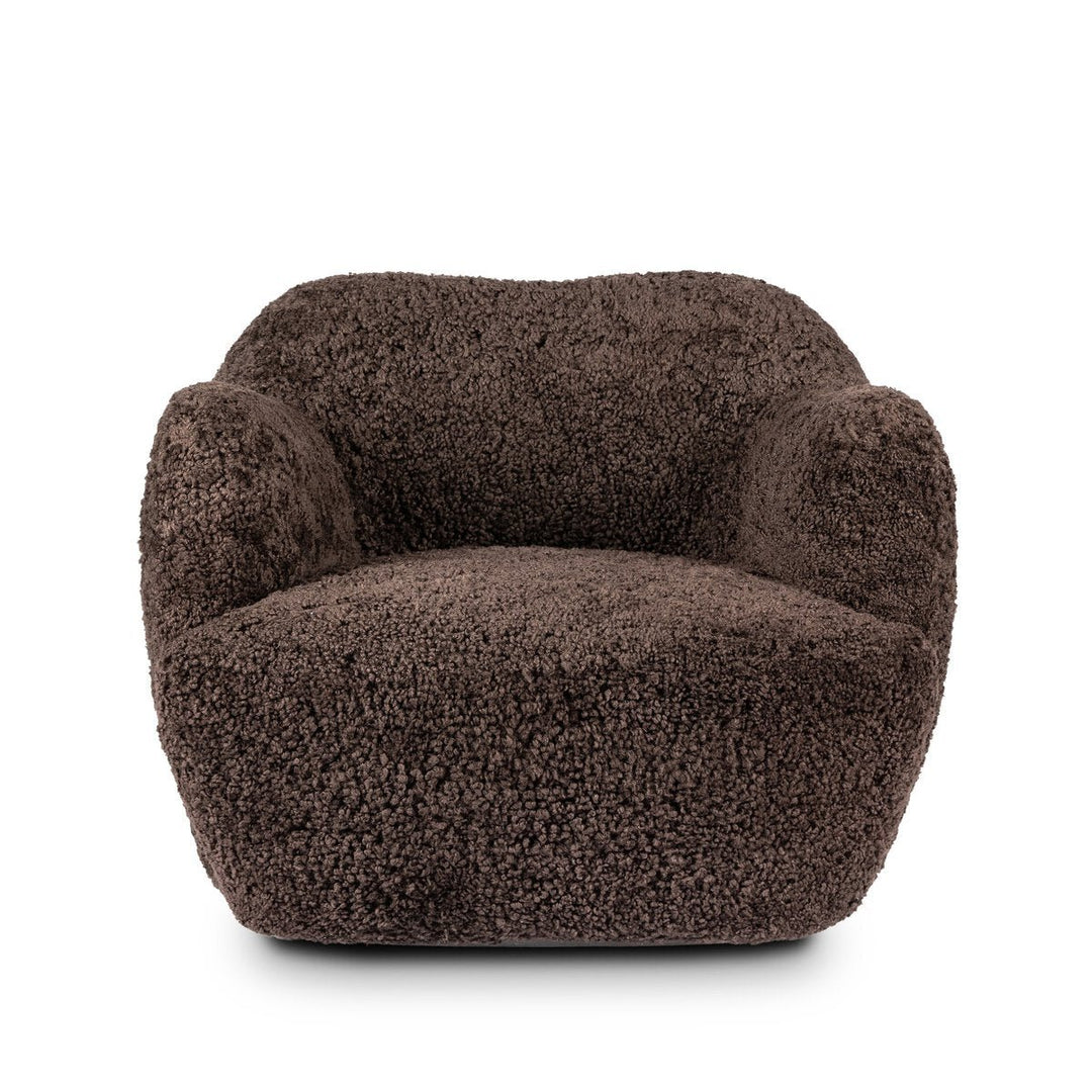 Julius Swivel Chair in Cocoa Shearling front studio view - Whats New Furniture Portland OR