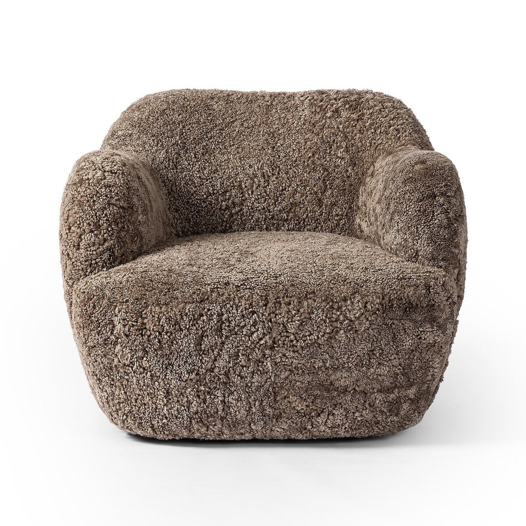 Julius Swivel Chair in Taupe Shearling front studio view - Whats New Furniture Portland OR