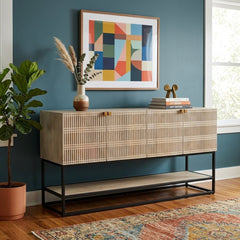 Kelby Media Console styled in a bright Portland mid-century modern interior - Whats New Furniture