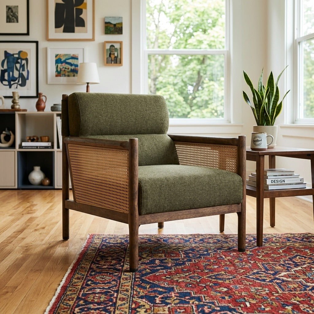 Kempsey Accent Chair in Sutton Olive room setting - cane accent chair by Four Hands - Whats New Furniture Portland OR