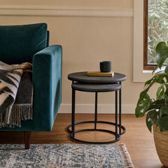 Lavastone Nesting Tables styled in Portland Mt. Tabor mid-century daylight ranch living room - Whats New Furniture