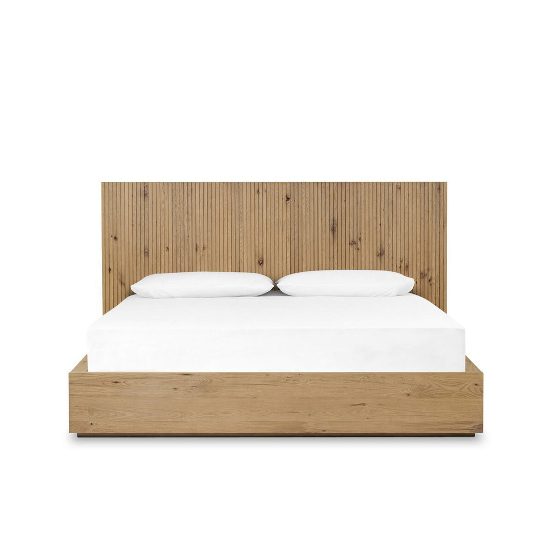 Leo Bed in Rustic Light Natural Oak / Rustic Light Natural Oak Veneer / King front studio view - Whats New Furniture Portland OR