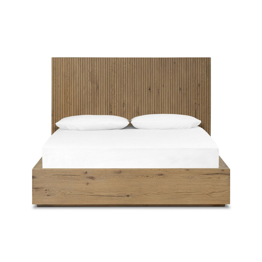 Leo Bed in Rustic Light Natural Oak / Rustic Light Natural Oak Veneer / Queen front studio view - Whats New Furniture Portland OR