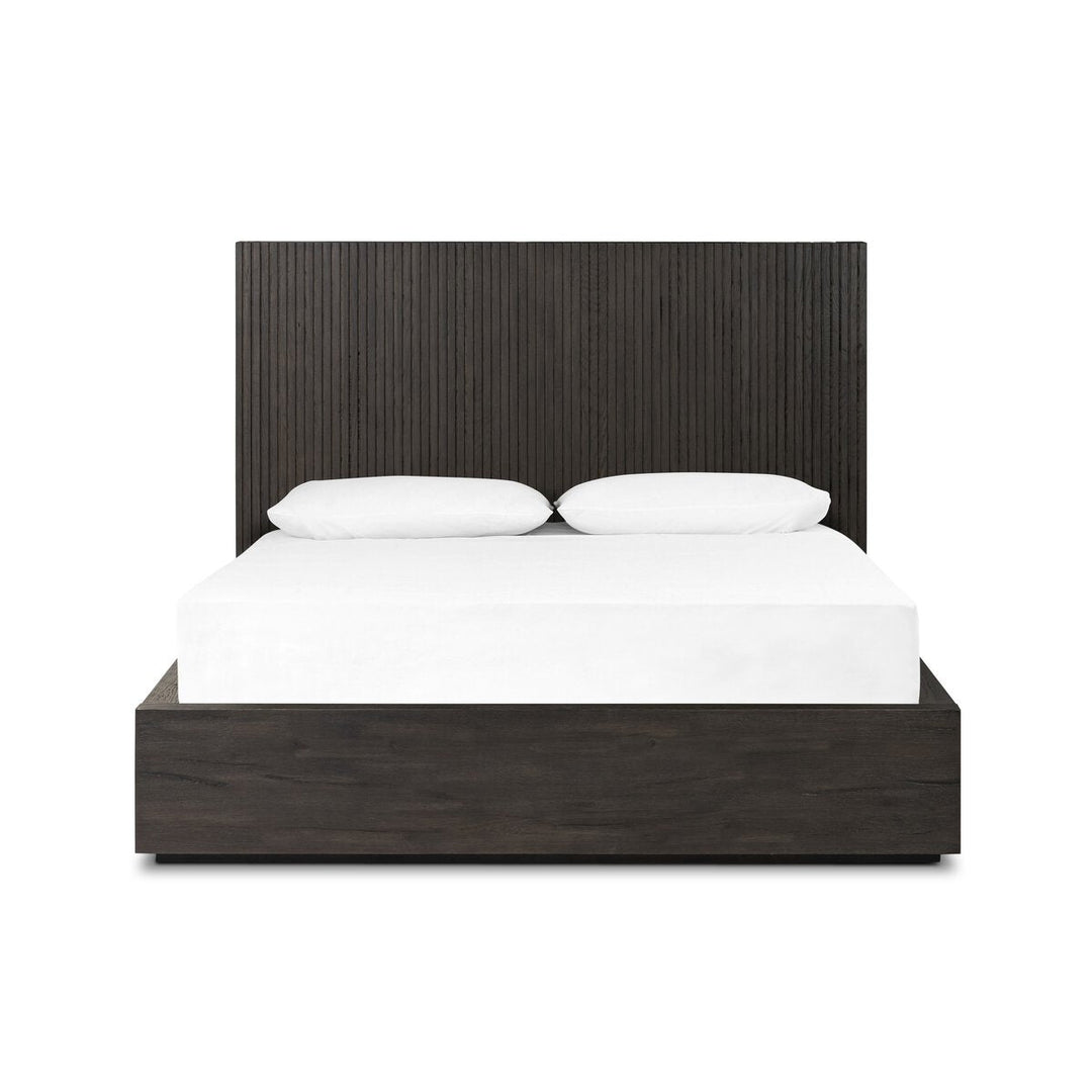 Leo Bed in Smoked Black / Smoked Black Veneer / Queen front studio view - Whats New Furniture Portland OR