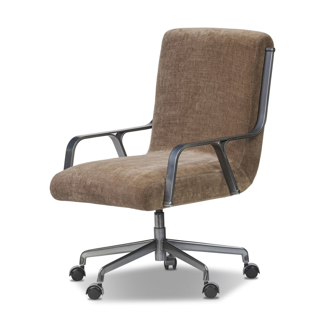 Lou Desk Chair in Altair Mushroom three-quarter view showing curved chrome arms - Whats New Furniture Portland OR