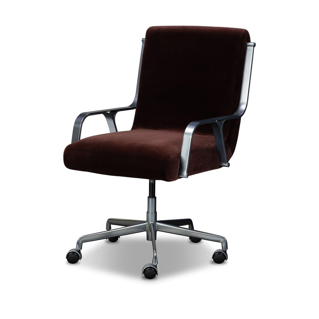 Lou Desk Chair in Surrey Plum three-quarter view showing curved chrome arms - Whats New Furniture Portland OR