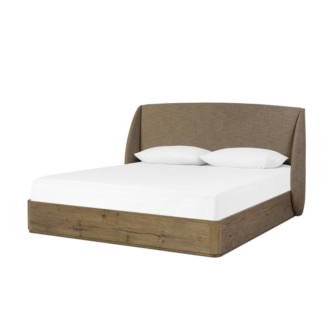 Maeve Bed in Laken Taupe (86.50"w x 87.00"d x 48.50"h) three-quarter studio view - Whats New Furniture Portland OR