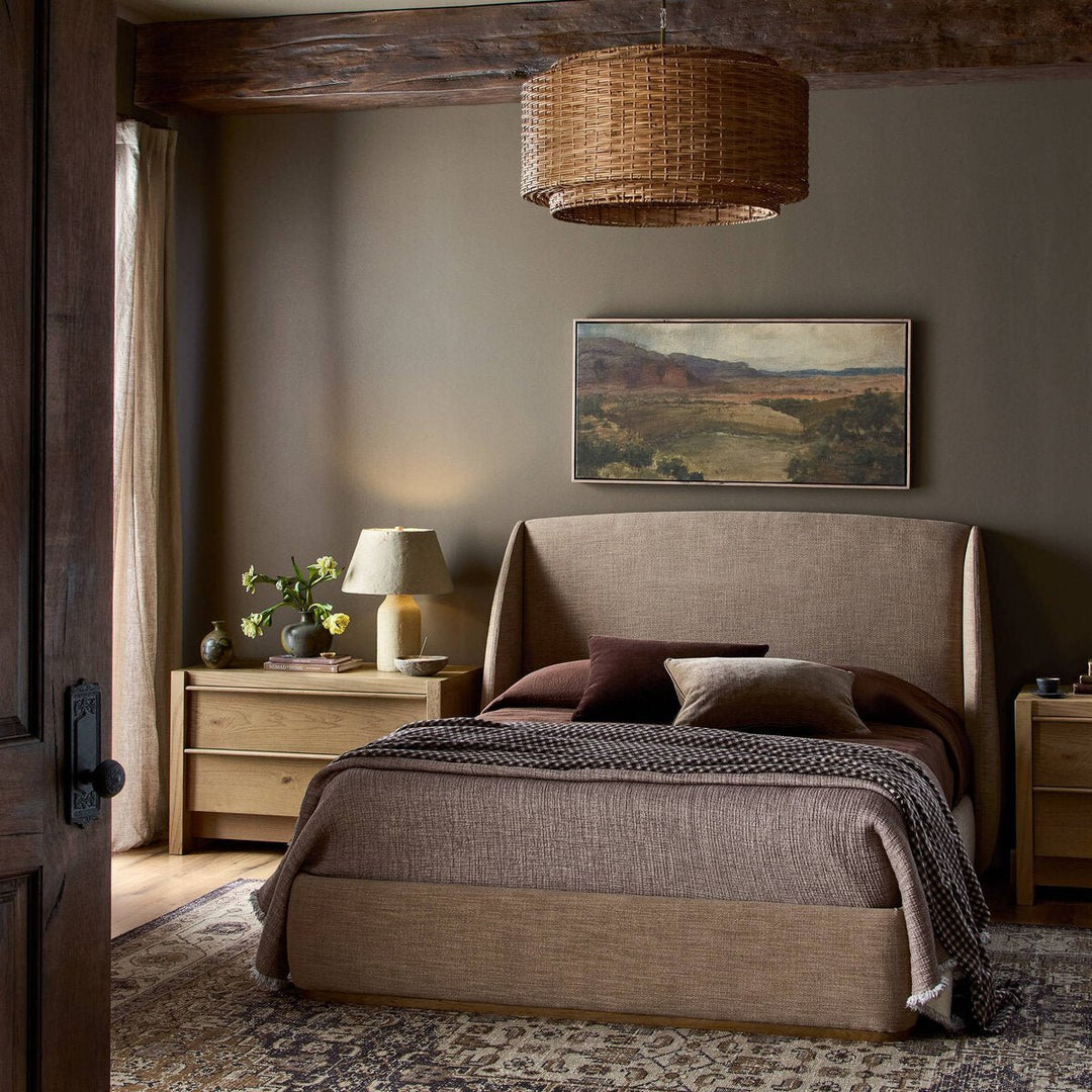 Maeve Bed in Laken Taupe back studio view - Whats New Furniture Portland OR