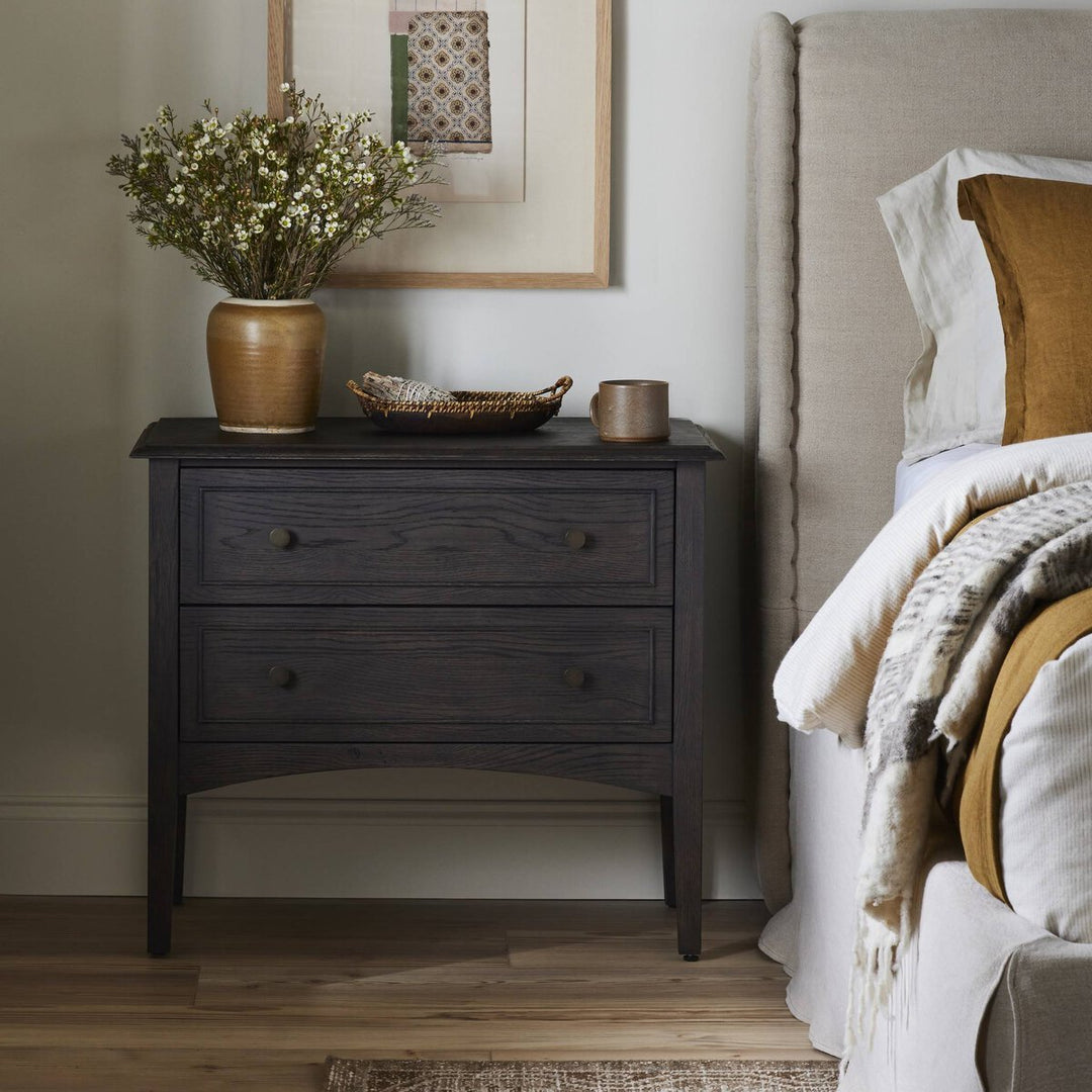 Maggie Nightstand in Smoked Black Oak Veneer back studio view - Whats New Furniture Portland OR