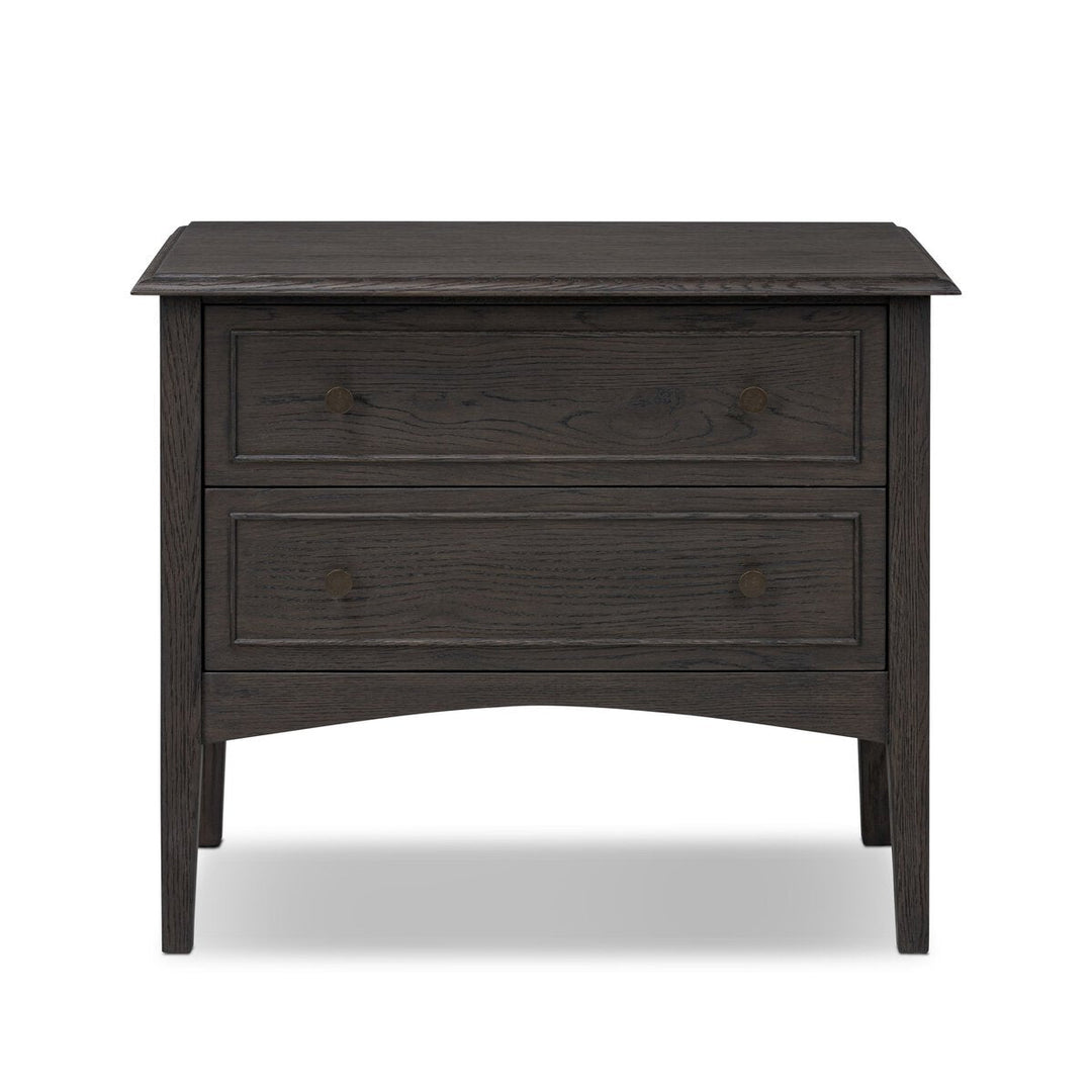 Maggie Nightstand in Smoked Black Oak Veneer front studio view - Whats New Furniture Portland OR
