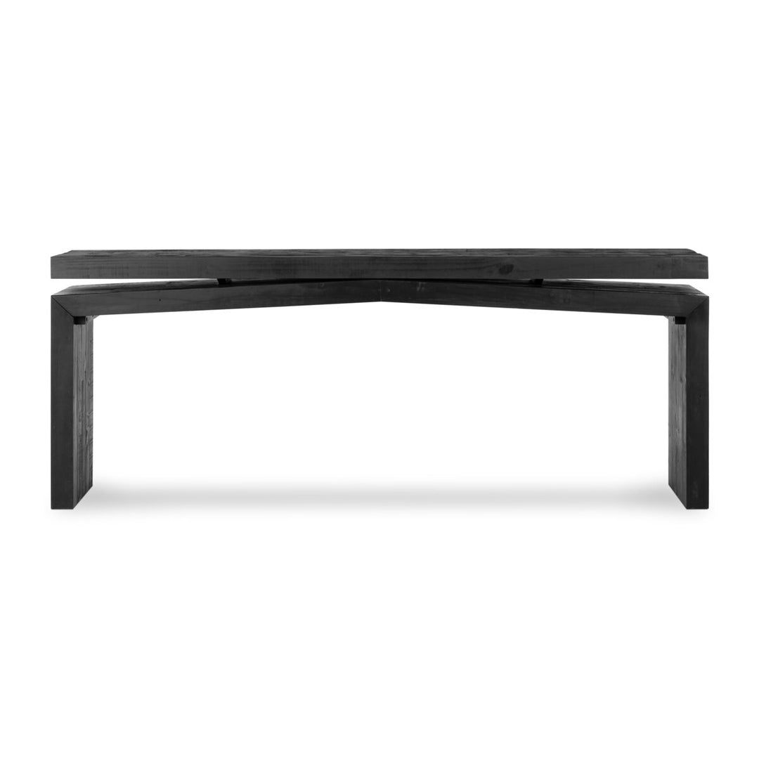 Matthes Console Table - 79" in Aged Black Pine front studio view - Whats New Furniture Portland OR