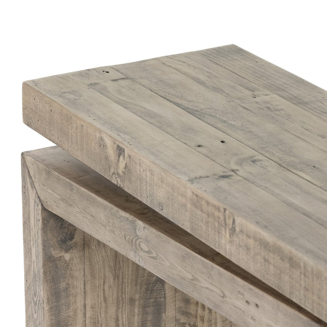 Matthes Console Table - 79" in Weathered Wheat cantilever joint detail view - Whats New Furniture Portland OR