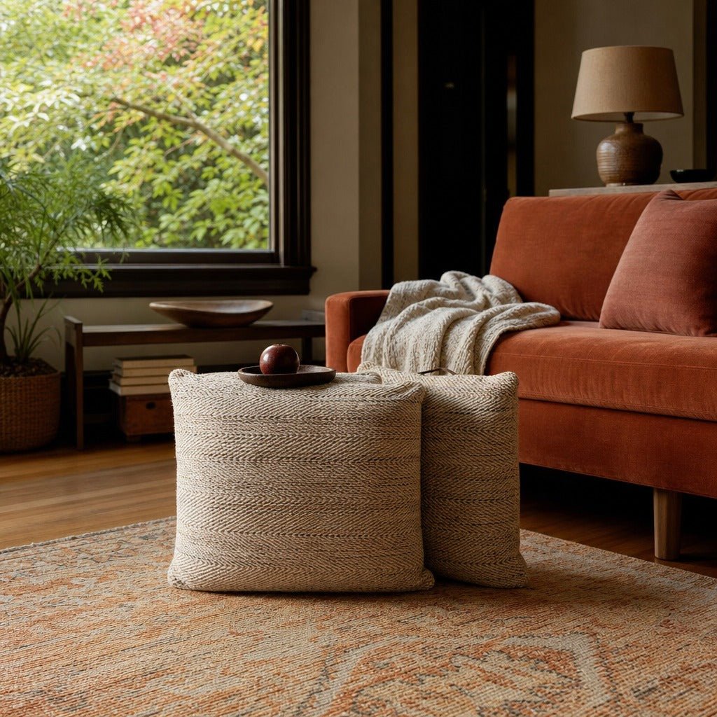 Neema Pouf Set styled in Portland Laurelhurst Tudor cottage living room - Whats New Furniture