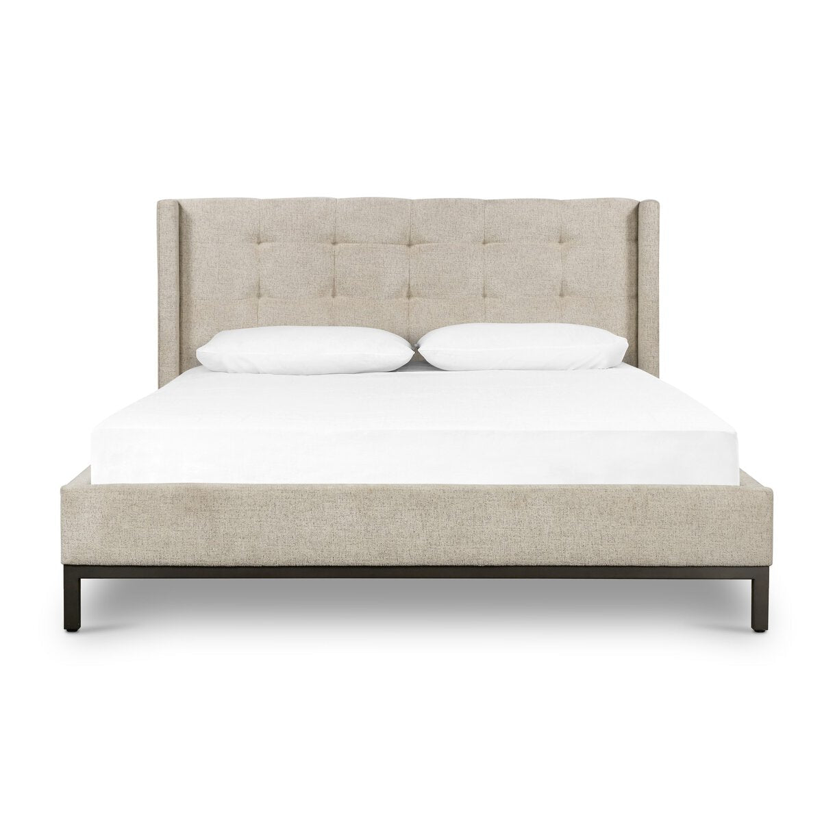 Newhall Bed in Plushtone Linen, King, front studio view - Whats New Furniture Portland OR