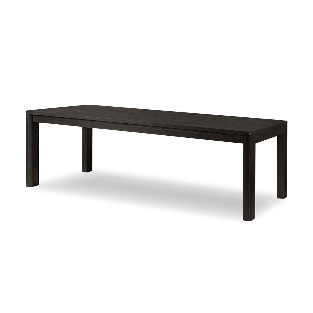 Noeline Extension Dining Table in Smoked Black Resawn Oak / Smoked Black Oak / Dark Iron three-quarter studio view - Whats New Furniture Portland OR