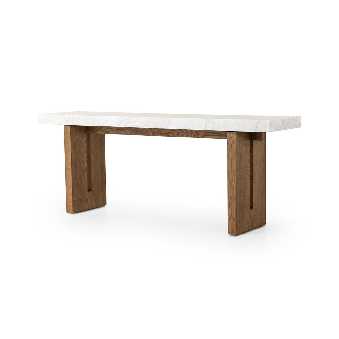 Olympia Console Table in White Carrara Marble three-quarter studio view - Whats New Furniture Portland OR