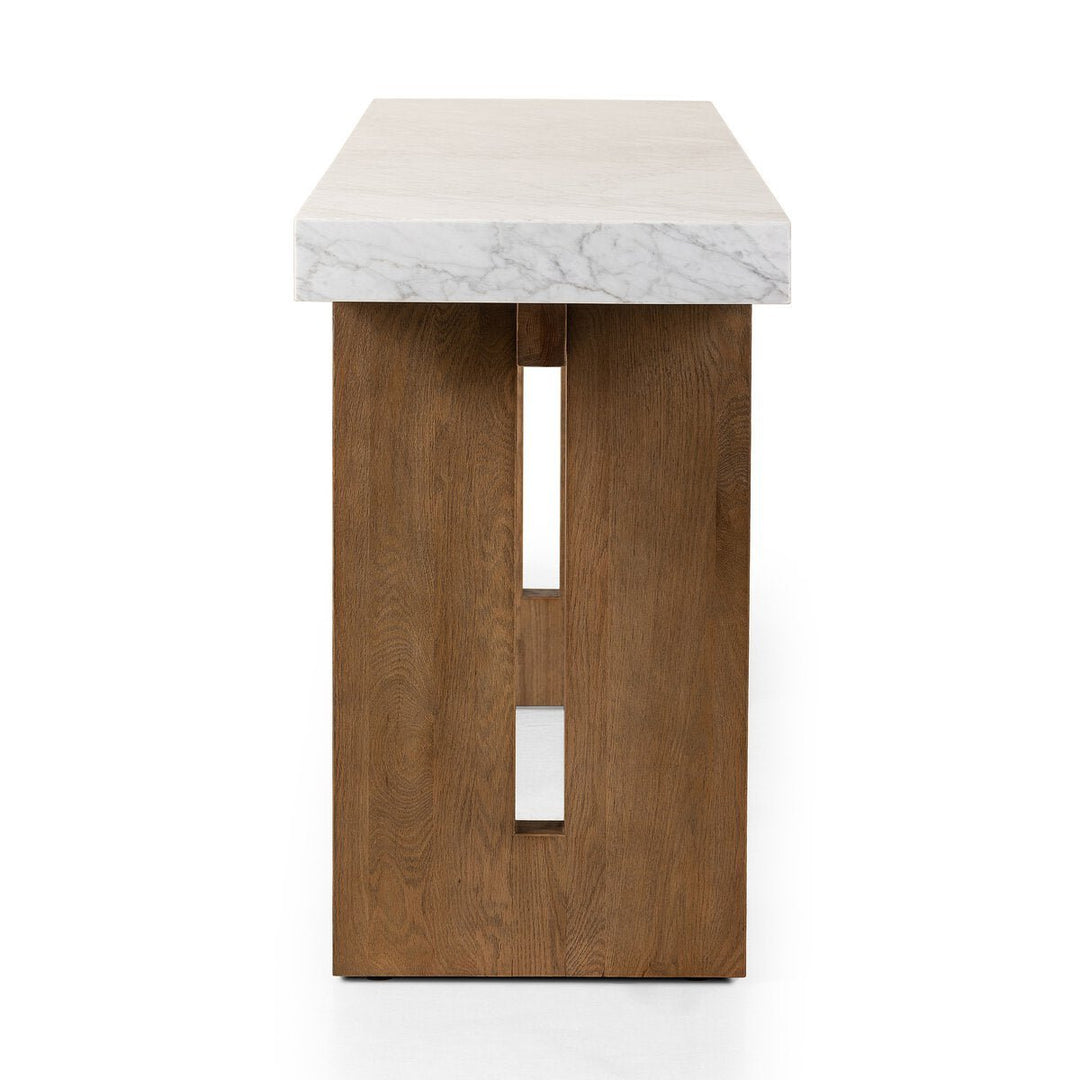 Olympia Console Table in White Carrara Marble side studio view - Whats New Furniture Portland OR