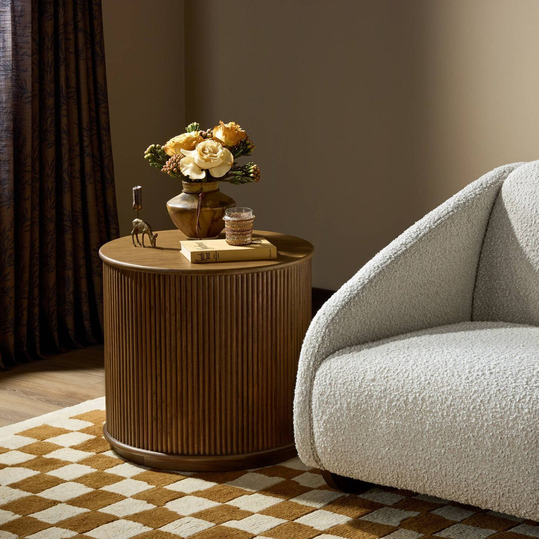 Ona End Table in Amber Mindi Veneer back studio view - Whats New Furniture Portland OR