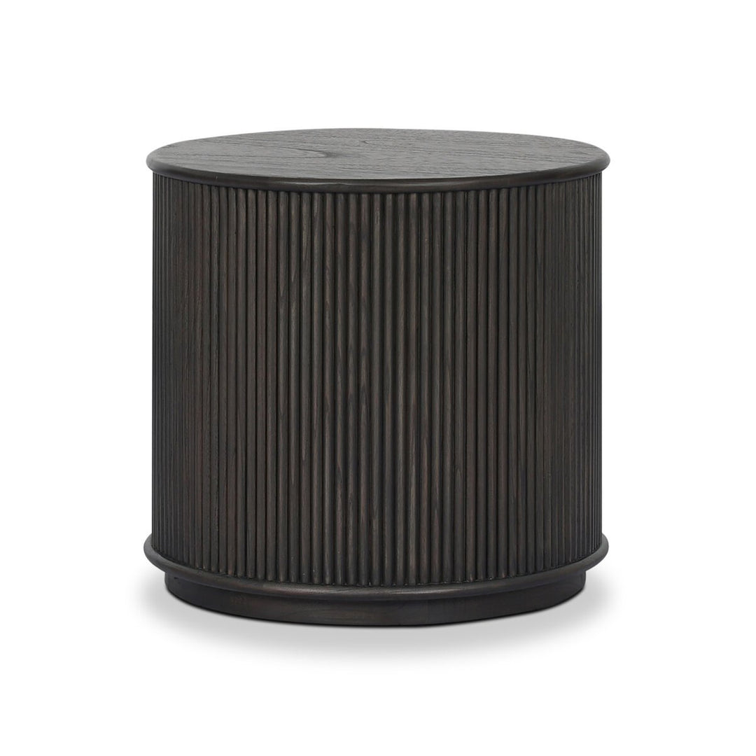 Ona End Table in Smoked Black Mindi Veneer three-quarter studio view - Whats New Furniture Portland OR