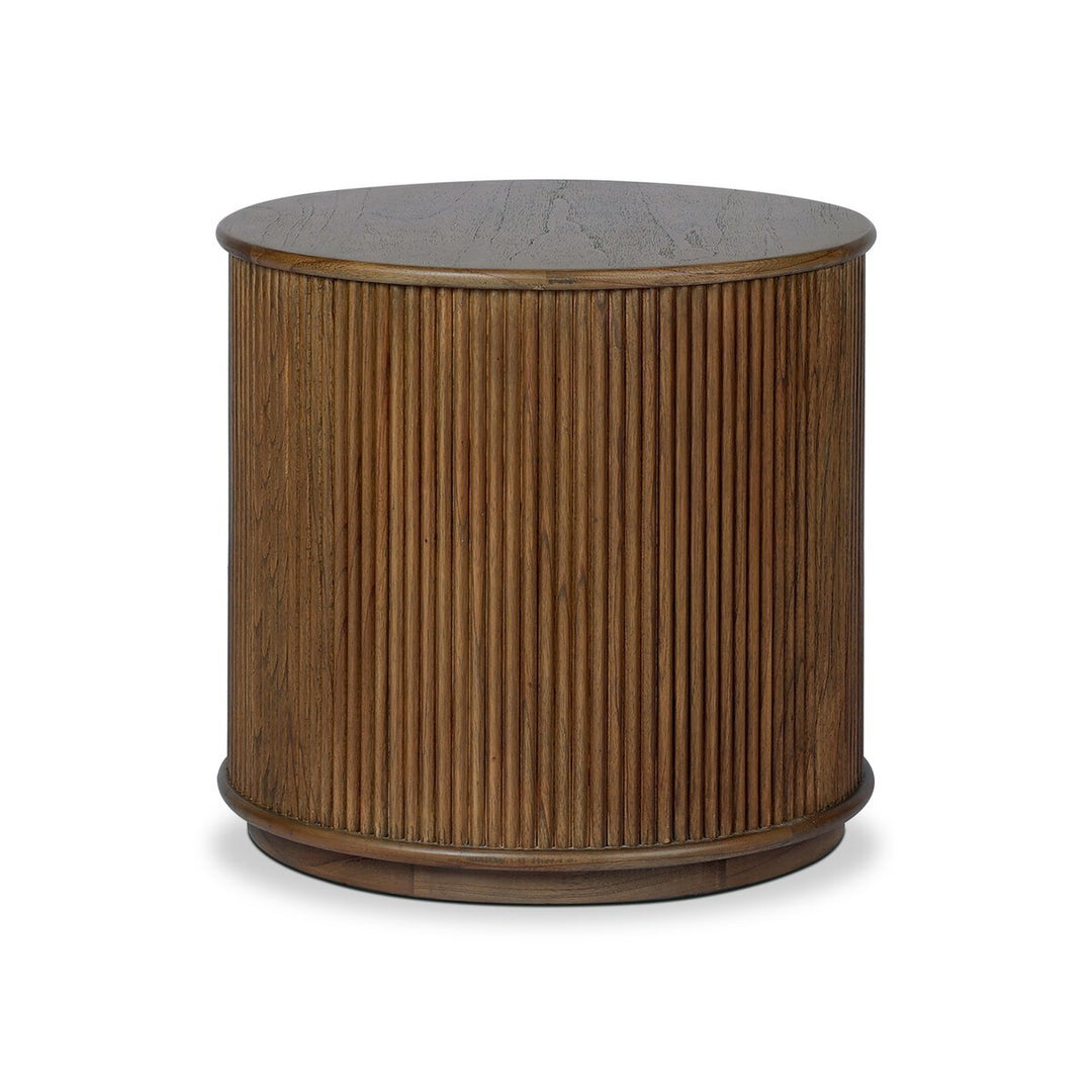 Ona End Table in Amber Mindi Veneer side studio view - Whats New Furniture Portland OR