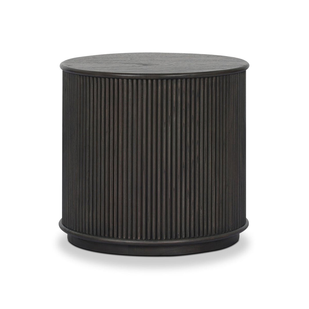 Ona End Table in Smoked Black Mindi Veneer front studio view - Whats New Furniture Portland OR