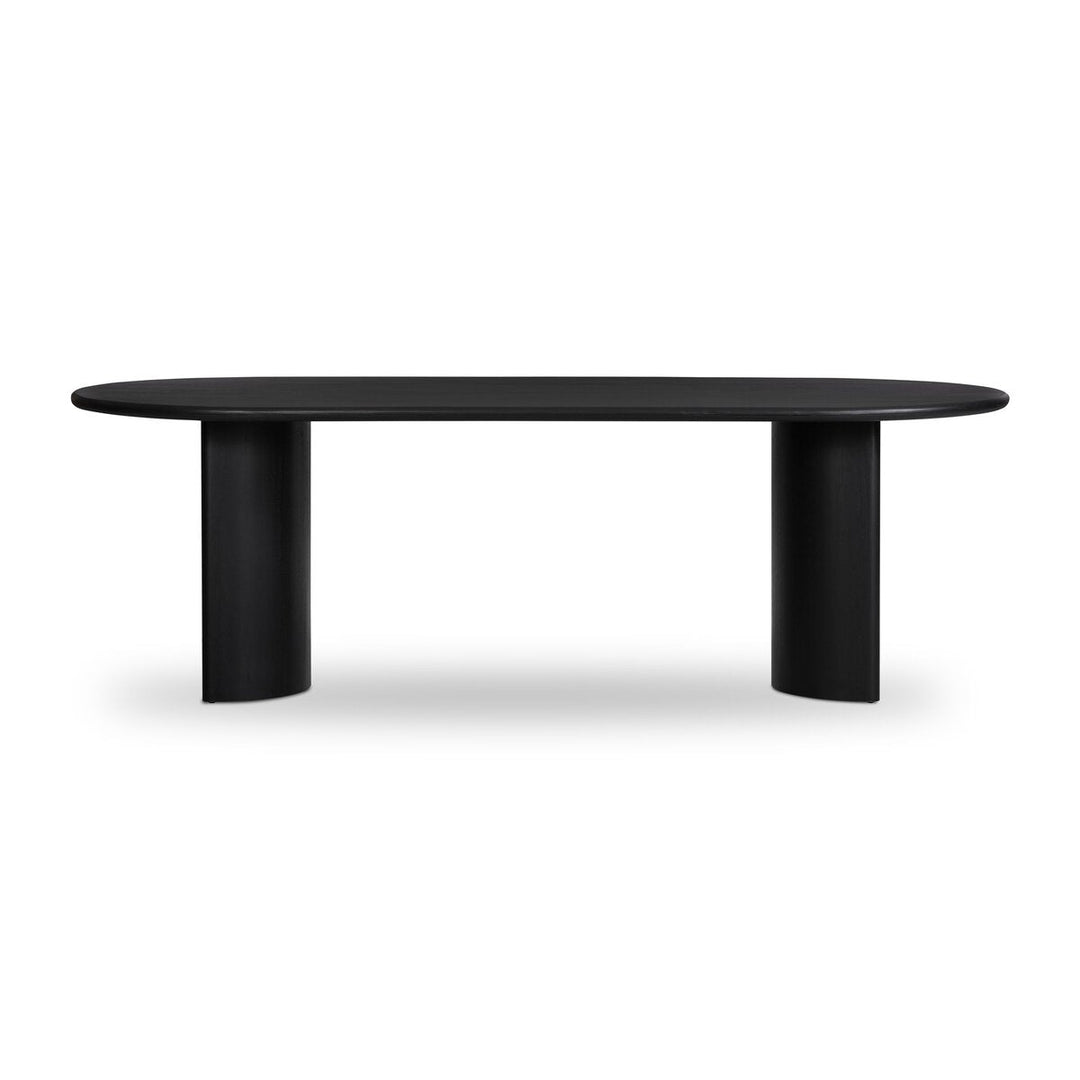 Paden Dining Table in Aged Black Acacia front studio view - Whats New Furniture Portland OR