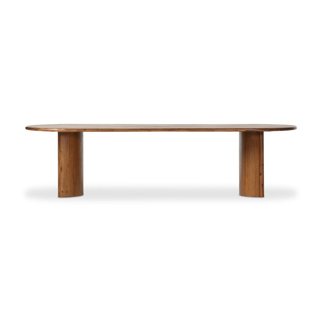 Paden Dining Table in Seasoned Brown Acacia / Seasoned Brown Acacia Solid front studio view - Whats New Furniture Portland OR