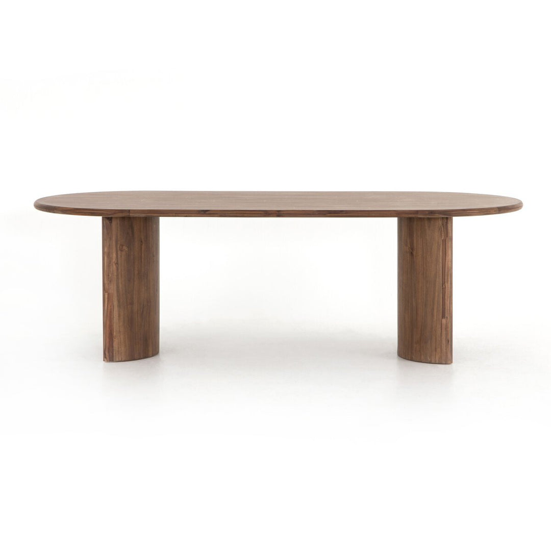 Paden Dining Table in Seasoned Brown Acacia front studio view - Whats New Furniture Portland OR