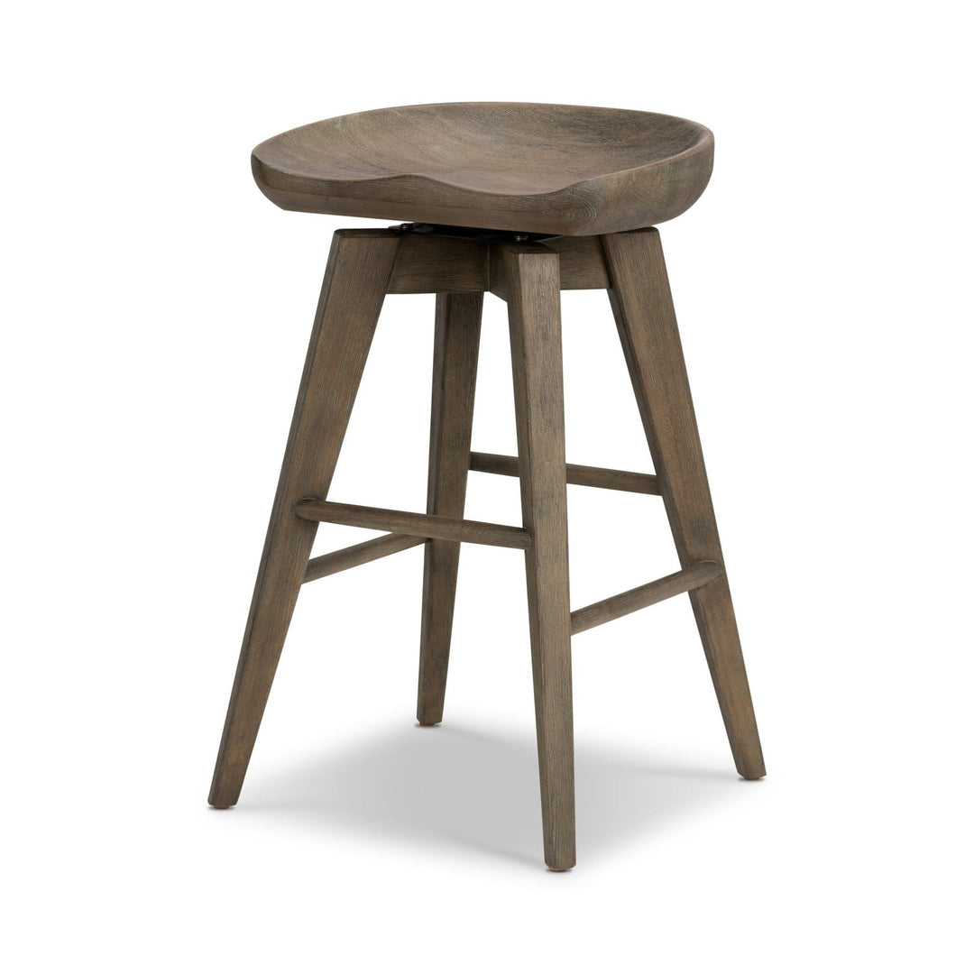 Paramore swivel counter stool in brushed shale grey solid parawood, three-quarter studio view - Whats New Furniture Portland