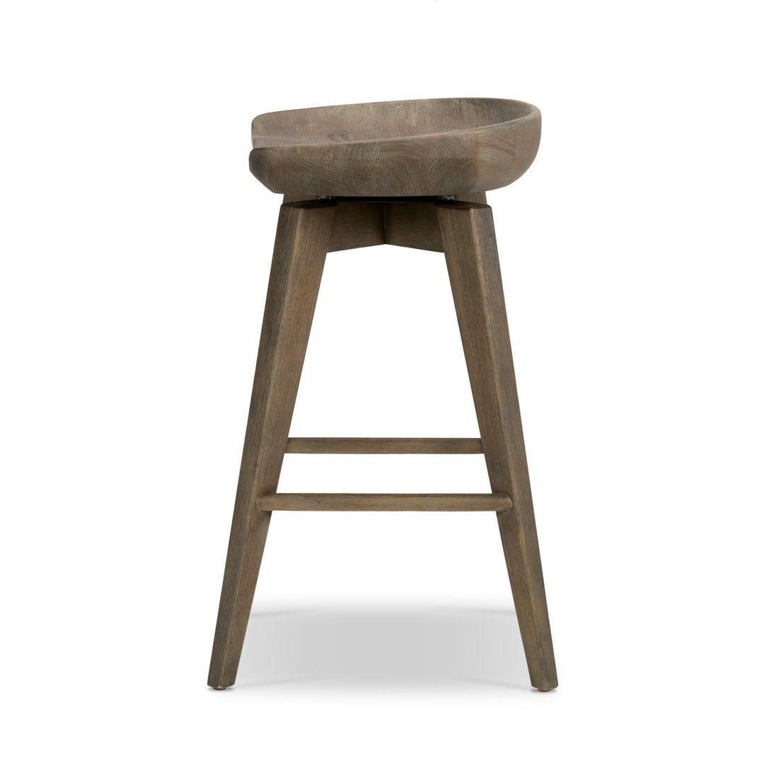 Paramore swivel counter stool in brushed shale grey, side studio view with kickplates - Whats New Furniture Portland