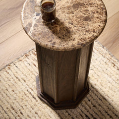 Pavlo End Table in Brown Marble detail view 5 - Whats New Furniture Portland OR