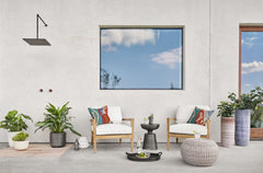 Phoenix Outdoor Accent Stool in Vintage White detail view of base - Whats New Furniture Portland OR