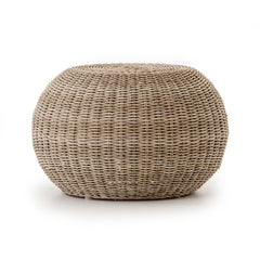 Phoenix Outdoor Accent Stool in Vintage White three-quarter view showing woven wicker top - Whats New Furniture Portland OR