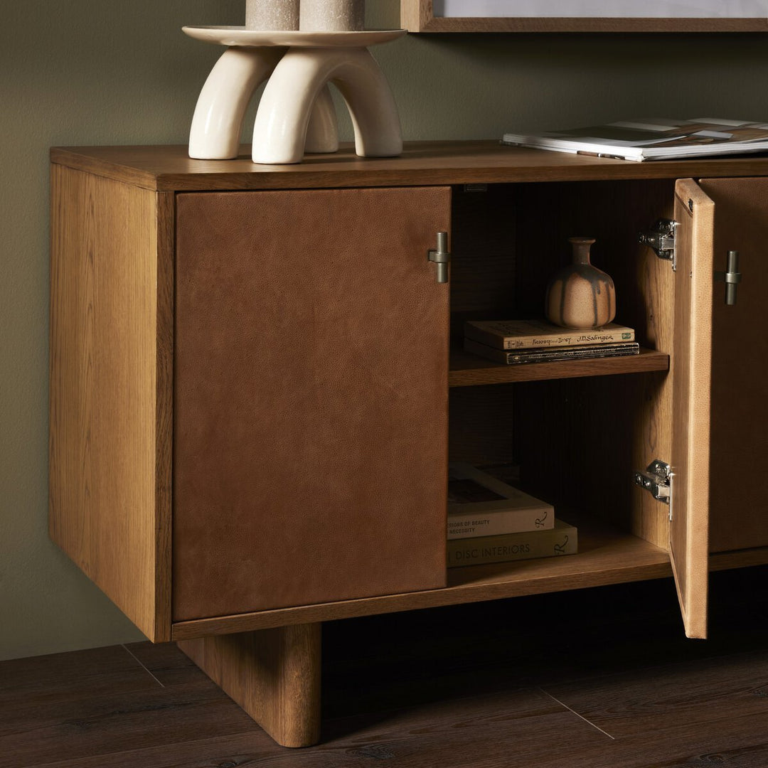 Posada Media Console in Amber Oak Veneer third detail view - Whats New Furniture Portland OR
