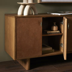 Posada Media Console in Amber Oak Veneer third detail view - Whats New Furniture Portland OR