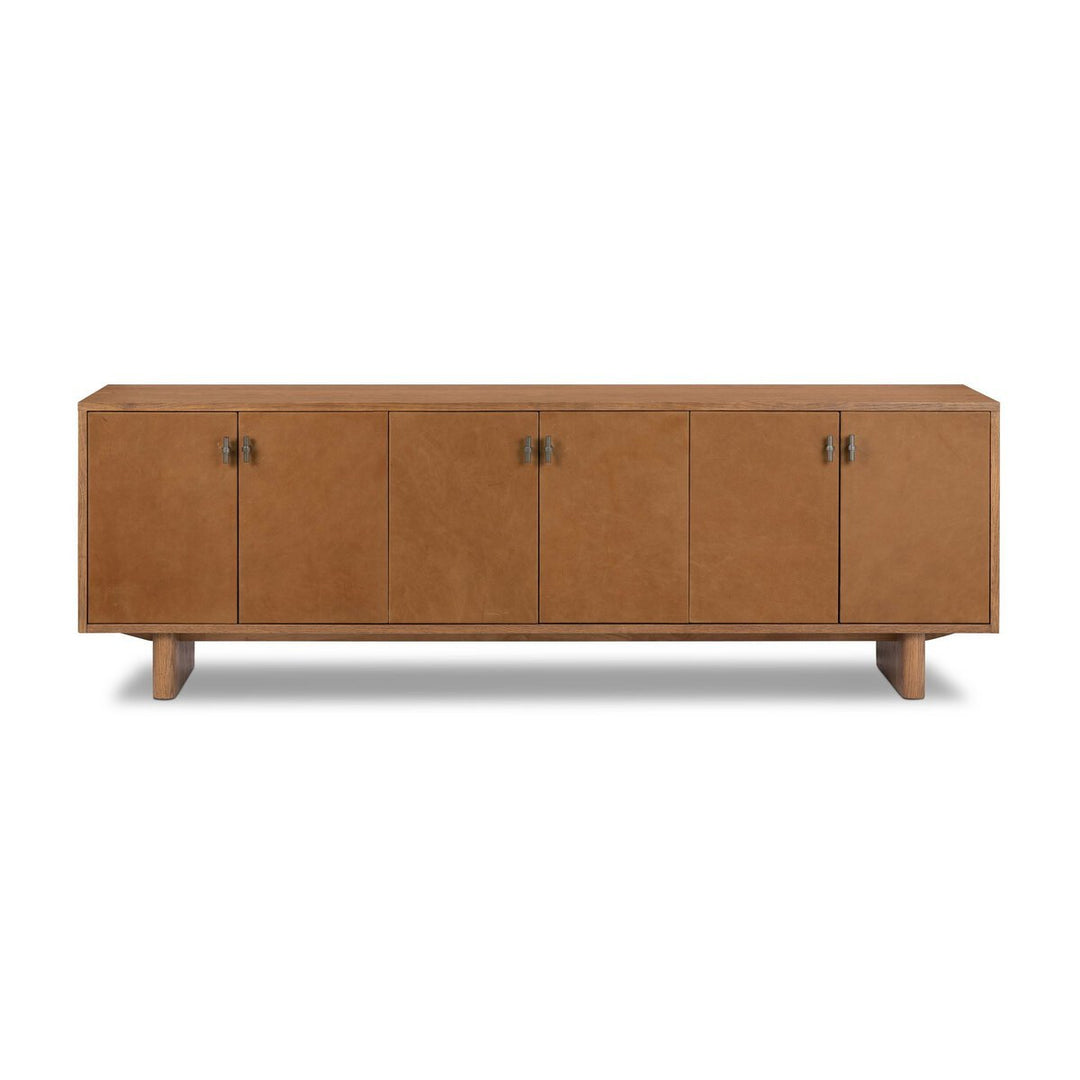Posada Media Console in Amber Oak Veneer front studio view - Whats New Furniture Portland OR