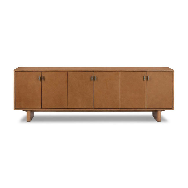 Posada Media Console in Amber Oak Veneer front studio view - Whats New Furniture Portland OR