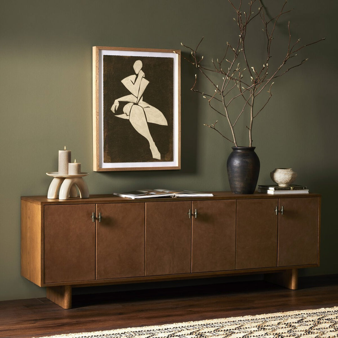 Posada Media Console in Amber Oak Veneer back studio view - Whats New Furniture Portland OR